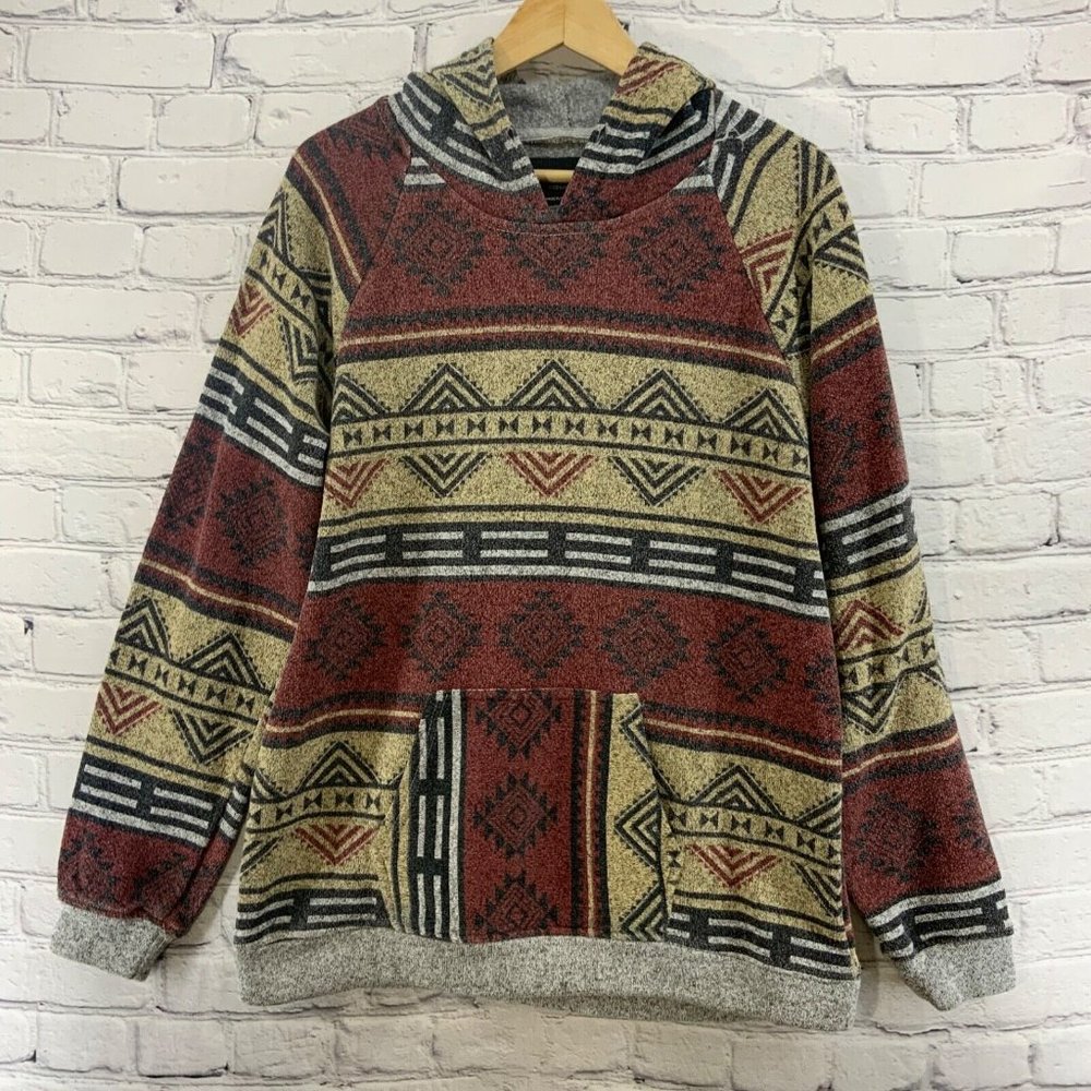 Carbon Hoodie Sweatshirt Mens Sz M Rustic Print Maroon Gray Pullover